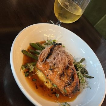 Cynara Restaurant & Lounge - Orange harissa glazed salmon with asparagus and mashed parsnip...and the Tieton bourbon barrel peach cider - New American Near Me - Olympia, Washington Cynara Restaurant & Lounge - Orange harissa glazed salmon with asparagus and mashed parsnip...and the Tieton bourbon barrel peach cider - New American Near Me - Olympia, Washington