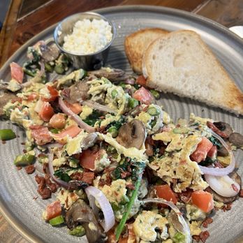 Dandelion Cafe - Veggie scramble with (imitation bacon bits- I brought them in from home) & lightly toasted sourdough bread $1 up-charge. - Coffee & Tea Near Me - Bellaire, Texas