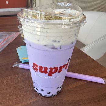 Supri - Called Moon which is a Taro boba with a pistachio topping. Highly recommended. - Bubble Tea Near Me - Fresno, California Supri - Called Moon which is a Taro boba with a pistachio topping. Highly recommended. - Bubble Tea Near Me - Fresno, California