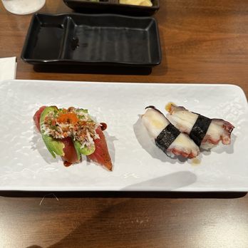Kuma Sushi - Cajun Mickey on the left and Tako Nigiri on the right. Both were very good! - Sushi Bars Near Me - Reno, Nevada Kuma Sushi - Cajun Mickey on the left and Tako Nigiri on the right. Both were very good! - Sushi Bars Near Me - Reno, Nevada