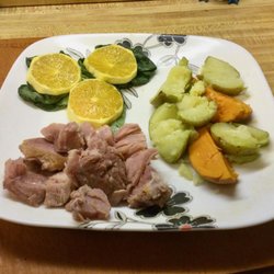 Safeway - Recent dinner - her plate - reheated leftover ham w/steamed potato & yam, orange salad.