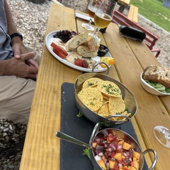 Fine Creek Brewing Company - Peach-strawberry salsa with chips and charcuterie board with fantastic fresh bread, the brewery's beer - Breweries Near Me - Powhatan, Virginia Fine Creek Brewing Company - Peach-strawberry salsa with chips and charcuterie board with fantastic fresh bread, the brewery's beer - Breweries Near Me - Powhatan, Virginia