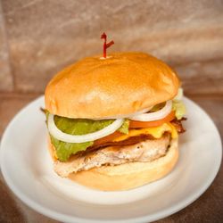Timbers Bistro - Grilled chick burger on a brioche bun