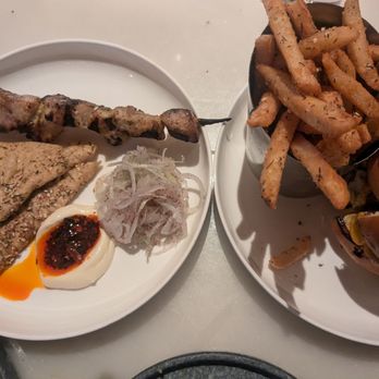 Mara - Burger and swordfish skewer. No idea what the sides were for. - Mediterranean Near Me - Minneapolis, Minnesota Mara - Burger and swordfish skewer. No idea what the sides were for. - Mediterranean Near Me - Minneapolis, Minnesota