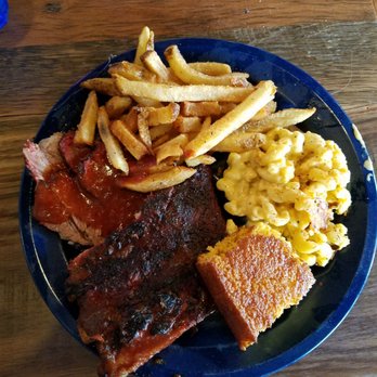 Dinosaur Bar-B-Que - Rib and brisket platter with cornbread, mac and cheese and fries. - Barbeque Near Me - Syracuse, New York