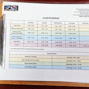 World Champion Tae Kwon Do - This is a view of their Class Schedule. Photo taken March 7, 2026. - Taekwondo Near Me - Virginia Beach, Virginia World Champion Tae Kwon Do - This is a view of their Class Schedule. Photo taken March 7, 2026. - Taekwondo Near Me - Virginia Beach, Virginia