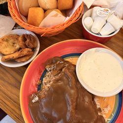 Country fried steak and rice with fried squash and ranch