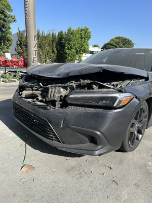 Honda Accord front impact - Cash repairs on Honda Accord front impact. New hood, bumper, radiator support components, condenser, headlight and everything needed for complete result