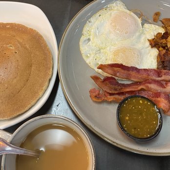 Caramelo Café - Pancake Combo ($18.38) with two eggs, bacon, and potatoes. - Creperies Near Me - La Puente, California Caramelo Café - Pancake Combo ($18.38) with two eggs, bacon, and potatoes. - Creperies Near Me - La Puente, California