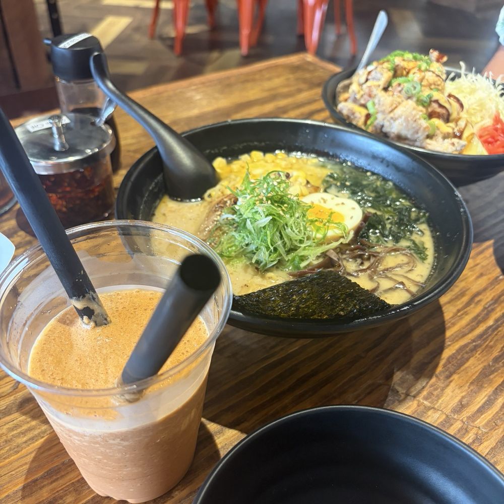 Frozen thai tea, tonkatsu broth classic ramen, chicken karaage bowl Frozen thai tea, tonkatsu broth classic ramen, chicken karaage bowl