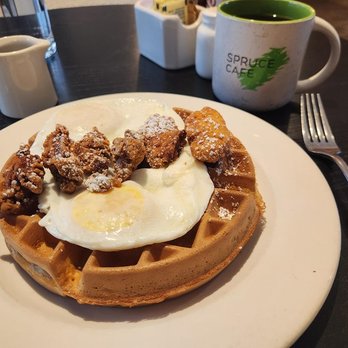 Spruce Cafe - Chicken & Waffle (with two eggs) - Breakfast & Brunch Near Me - Seattle, Washington Spruce Cafe - Chicken & Waffle (with two eggs) - Breakfast & Brunch Near Me - Seattle, Washington