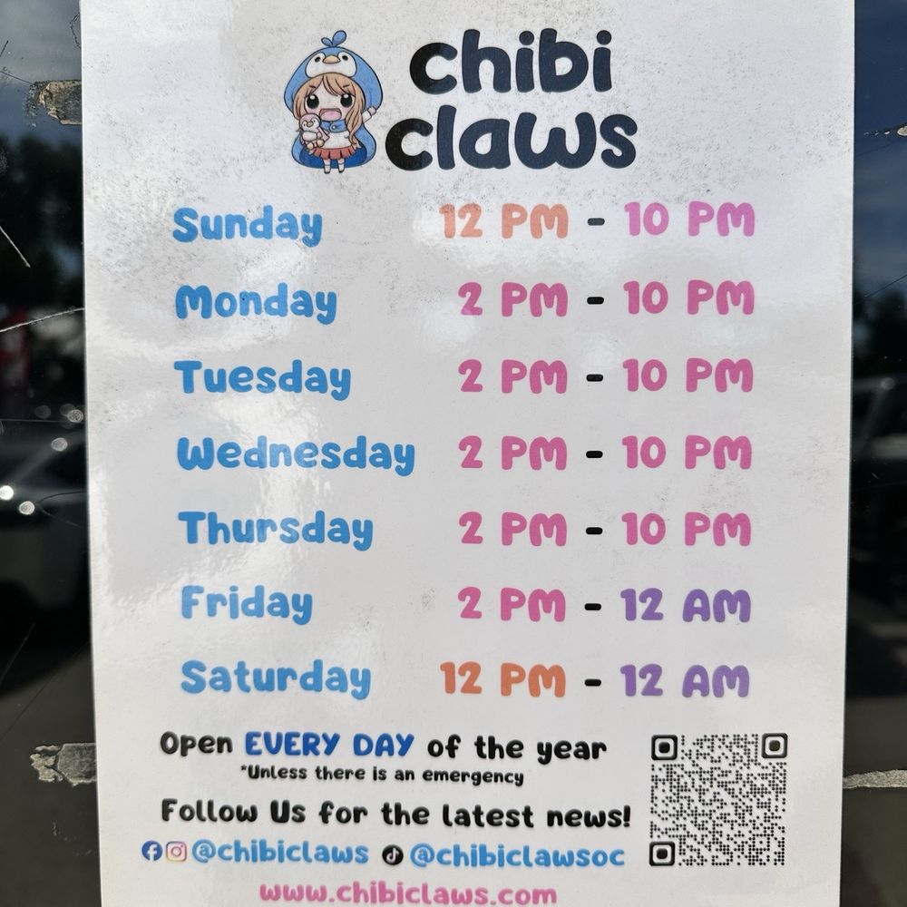 Chibi Claws - Hours as of January 2026 - Arcades Near Me - Garden Grove, California Chibi Claws - Hours as of January 2026 - Arcades Near Me - Garden Grove, California