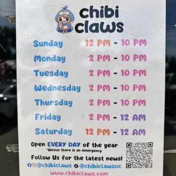 Chibi Claws - Hours as of January 2026 - Arcades Near Me - Garden Grove, California Chibi Claws - Hours as of January 2026 - Arcades Near Me - Garden Grove, California