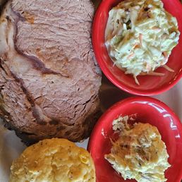 Prime Rib, cornbread muffin, coleslaw and potato salad Prime Rib, cornbread muffin, coleslaw and potato salad
