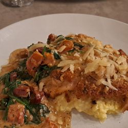 2 Twelve Seasonal Kitchen + Bar - Parmesan Crusted Chicken- seared chicken, risotto, prosciutto, spinach,roasted tomatoes- basil cream sauce!
