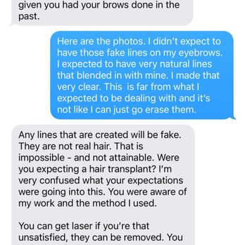 Brows by Treya - A text message exchange discussing eyebrow microblading, fake lines, and laser removal options. - Eyelash Service Near Me - Raynham, Massachusetts