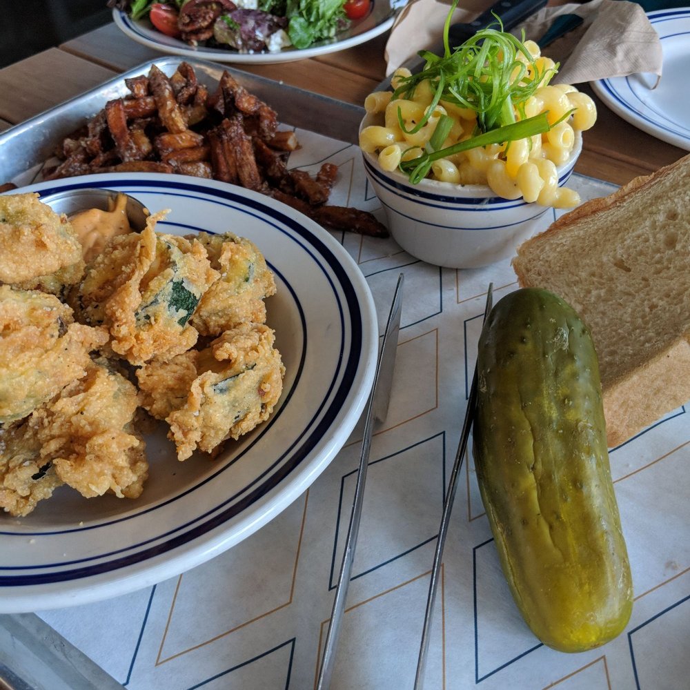 Meat - What vegetarians order at Meat! Zucchini (vegetable special), macaroni and cheese, house salad, garlic fries, pickle and slice of bread. :) - Barbeque Near Me - Edmonton, Alberta