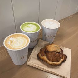 Vanilla Latte, Matcha Latte, Hot Chocolate, and Cookie Dough Croissant