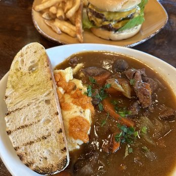 Urban Plates - Top: Double Cheeseburger with Fries Bottom: Braised Beef & Mushrooms - New American Near Me - Irvine, California Urban Plates - Top: Double Cheeseburger with Fries Bottom: Braised Beef & Mushrooms - New American Near Me - Irvine, California