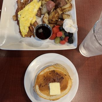 Roots Cafe - Bacon & eggs scrambled with pancakes, coffee, & water. - Desserts Near Me - Richland Hills, Texas Roots Cafe - Bacon & eggs scrambled with pancakes, coffee, & water. - Desserts Near Me - Richland Hills, Texas