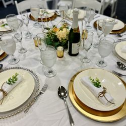 OC Event Hub - An example of the glasses, china plates, and chairs we rented.