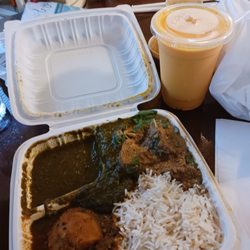 Samosa House East - Three-item combo: saag, jackfruit, and aloo curry with mango lassi