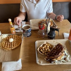 Just Wafflin - Oklahoma Pecan Waffle to the left, Chicken and Waffle up top and I had the Chicken Taco