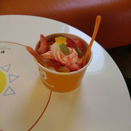 Toys had strawberry and vanilla yogurt with fresh strawberries, gummy worms gummy bears and strawberry syrup. Toys had strawberry and vanilla yogurt with fresh strawberries, gummy worms gummy bears and strawberry syrup.