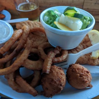 The Blue Gator - Grouper with onion rings and hush puppies - Seafood Near Me - Dunnellon, Florida The Blue Gator - Grouper with onion rings and hush puppies - Seafood Near Me - Dunnellon, Florida