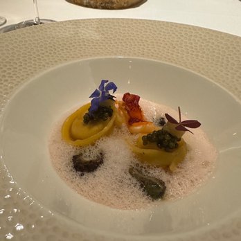 Lasarte - Crustaceans ravioli and iodized sauce, burrata, and champagne - Spanish Near Me - Barcelona, B Lasarte - Crustaceans ravioli and iodized sauce, burrata, and champagne - Spanish Near Me - Barcelona, B