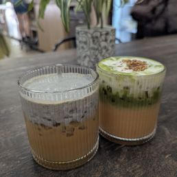 Honey I blacked out latte on left, carrot cake matcha on right. Honey I blacked out latte on left, carrot cake matcha on right.