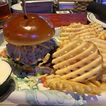 Malone's Bar & Grill - Black and Bleu Burger with Waffle Fries - New American Near Me - Maple Grove, Minnesota Malone's Bar & Grill - Black and Bleu Burger with Waffle Fries - New American Near Me - Maple Grove, Minnesota