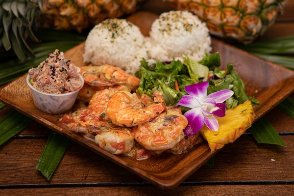 Photo of Barefoot Beach Cafe - Honolulu, HI, US. Our World Famous Garlic Shrimp Plate with ADD SCOOP POKE