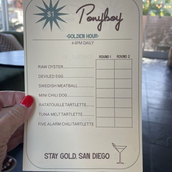 The Pearl Hotel - Happy hour food menu. Each item is a dollar. On Fridays happy hour is from 4 to 5 PM. - San Diego, CA