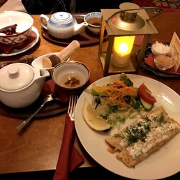 tea and bliny with salmon filling tea and bliny with salmon filling