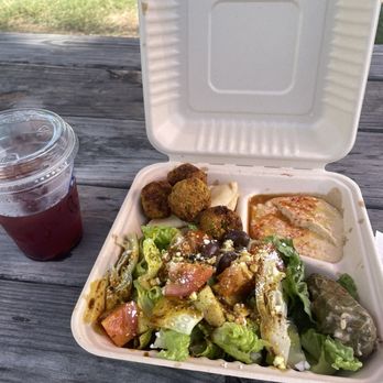 Hippy Eats and Spiritual Healing - Falafel platter with dolmas and Hibiscus Rose lemonade - Food Trucks Near Me - Austin, Texas Hippy Eats and Spiritual Healing - Falafel platter with dolmas and Hibiscus Rose lemonade - Food Trucks Near Me - Austin, Texas