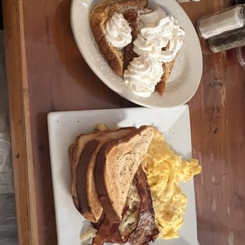 Nancy's Marshview Cafe - The Hungry Man with bacon, French toast and scrambled eggs with American cheese - Sandwiches Near Me - Salisbury, Massachusetts