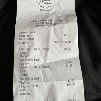 Cassidys Corner Cafe - My receipt from this morning. - Bagels Near Me - Eastvale, California Cassidys Corner Cafe - My receipt from this morning. - Bagels Near Me - Eastvale, California