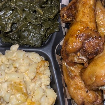 Next Phaze Cafe - Next Phaze Wings with greens and macaroni - Cafes Near Me - Baltimore, Maryland