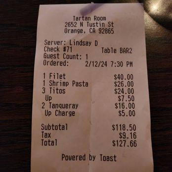 Tartan Room - Receipt - American Near Me - Orange, California Tartan Room - Receipt - American Near Me - Orange, California