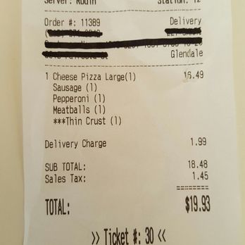 Guido's Pizza & Pasta - March 2017 bill for large pizza with 3 toppings and delivery. - Pizza Near Me - Tujunga, California