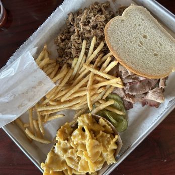 Woodyard Bar-B-Que - 2 Meats Plate with pulled pork and brisket, Mac and cheese and fries - Barbeque Near Me - Kansas City, Kansas
