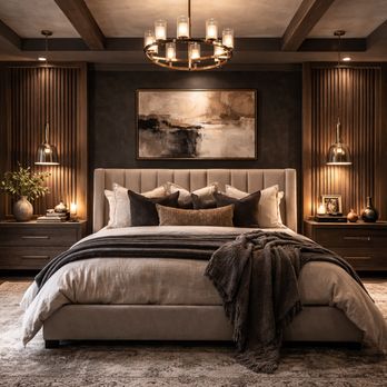 House of Eleton Design Studio - Warm, layered bedroom with custom lighting, rich textures, and wood tones creating a cozy, elevated retreat. - Interior Design Near Me - Temecula, California House of Eleton Design Studio - Warm, layered bedroom with custom lighting, rich textures, and wood tones creating a cozy, elevated retreat. - Interior Design Near Me - Temecula, California