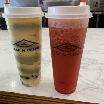 Leaf N Cream - Brûlée Green Milk Tea (left) and Strawberry Crush (right) - Bubble Tea Near Me - Tustin, California Leaf N Cream - Brûlée Green Milk Tea (left) and Strawberry Crush (right) - Bubble Tea Near Me - Tustin, California