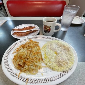 Waffle House - 3 eggs over medium & hash browns scattered w/ bacon & hold the toast plate, coffee & ice water. - Diners Near Me - Gainesville, Florida Waffle House - 3 eggs over medium & hash browns scattered w/ bacon & hold the toast plate, coffee & ice water. - Diners Near Me - Gainesville, Florida