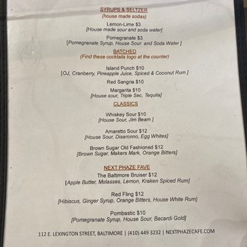 Next Phaze Cafe - Drink Menu - Cafes Near Me - Baltimore, Maryland