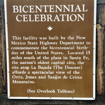 La Bajada Rest Area - Sign - A brown informational sign at La Bajada Rest Area details the bicentennial celebration of the United States, built by the New Mexico State Highway Department. - Rest Stops Near Me - Santa Fe, New Mexico