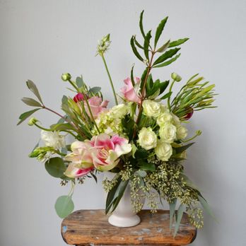 Flowerkraut - Flower arrangement featuring a mix of whites, greens, and pops of pink - Florists Near Me - Hudson, New York Flowerkraut - Flower arrangement featuring a mix of whites, greens, and pops of pink - Florists Near Me - Hudson, New York