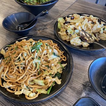 Ding's Garden - Chicken pan fried noodle (front), spicy cabbage (center), and beef braised noodle (back) - Taiwanese Near Me - Arcadia, California Ding's Garden - Chicken pan fried noodle (front), spicy cabbage (center), and beef braised noodle (back) - Taiwanese Near Me - Arcadia, California