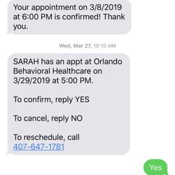 Orlando Behavioral Health - No texts for my 6/3/19 appointment